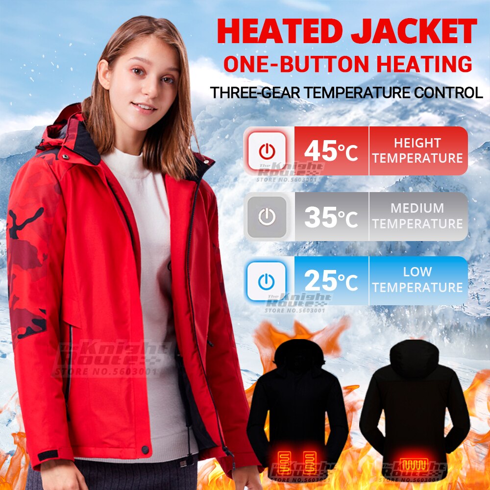 3 Areas Winter Women&s Ski Heated Jackets USB Heated Ski Warm Windproof Heated Vest Equipment Outerwear Outerwear Clothing